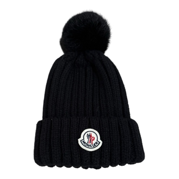Moncler Black Ribbed Knit Pom-Pom Hat